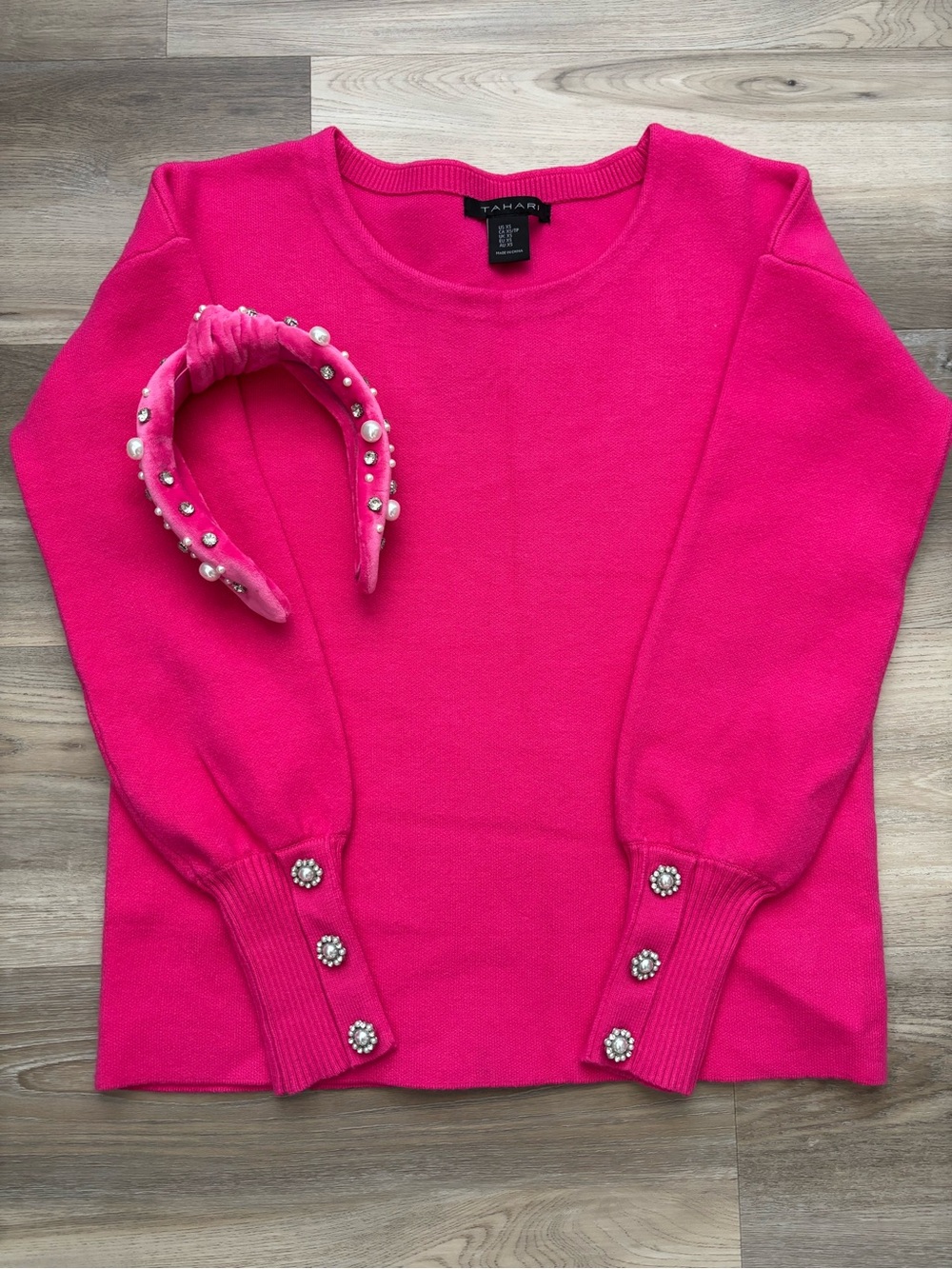 Tahari Pink Sweater & Matching Pearl Headband Set XS